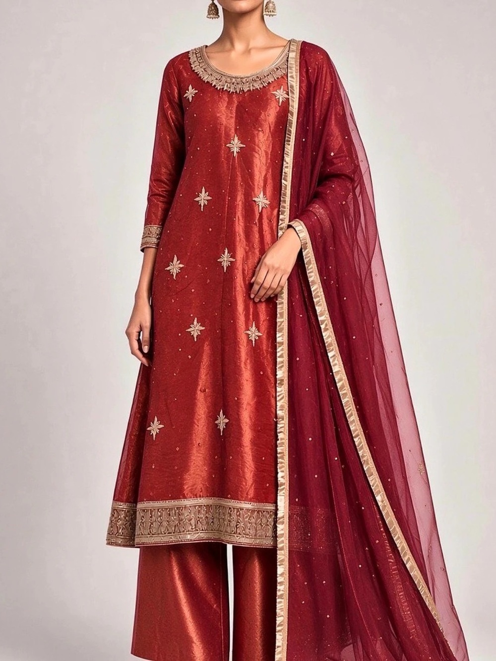 Red Embroidered Three-Piece Traditional Outfit